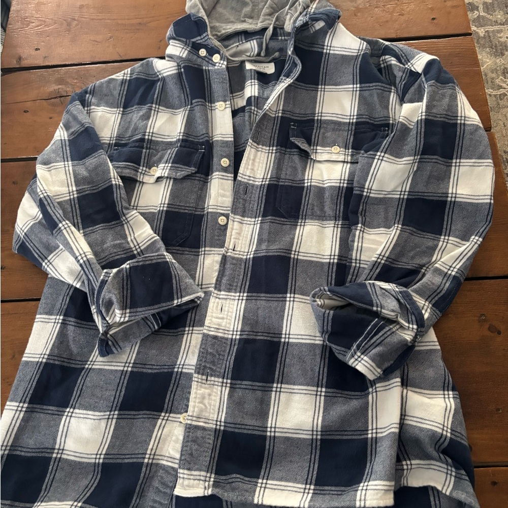 AE Men's Blue and White Plaid Shirt
